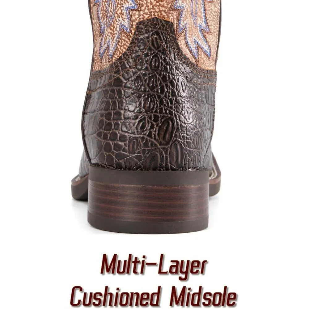 Men Chocolate Caiman Belly Leather Cowboy Bold Crocodile Texture Square Toe Boot